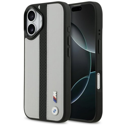 Szare etui na telefon z czarnym perforowanym paskiem i logo BMW M w dolnej części. Etui jest dopasowane do telefonu z widocznymi przyciskami i wycięciami na aparat oraz porty.
