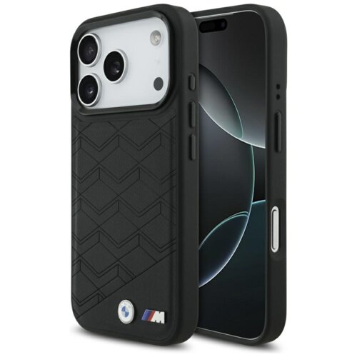 Czarne etui na telefon z geometrycznym wzorem i logo BMW M na dole. Etui jest dopasowane do modelu telefonu z trzema aparatami i posiada wycięcia na przyciski oraz porty.