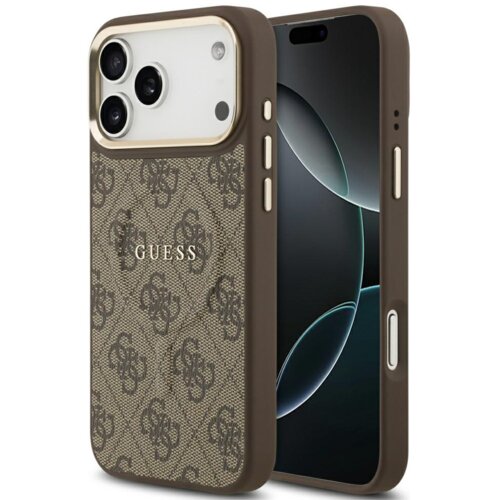 Brązowe etui na telefon z wzorem 4G i logo "GUESS" na tylnej części, zaprojektowane dla modelu Apple iPhone 17 Pro Max. Etui posiada wycięcia na aparat i przyciski, a jego powierzchnia ma teksturę przypominającą tkaninę.