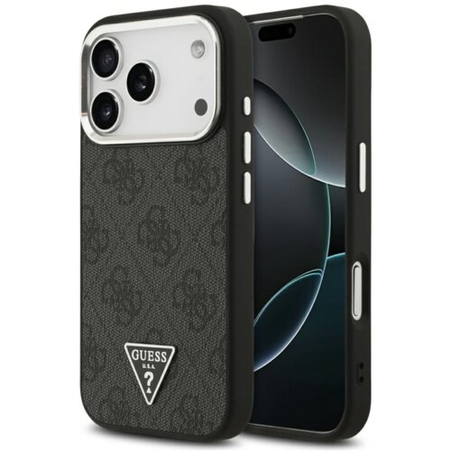 Czarno-srebrne etui na telefon z widocznym trójkątnym logo "GUESS U.S.A." oraz wzorem 4G na powierzchni. Etui jest dopasowane do modelu telefonu z trzema obiektywami aparatu.