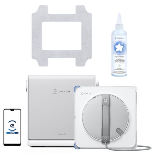 Na zdjęciu znajduje się zestaw produktów marki ECOVACS, w tym robot do mycia okien, butelka z płynem czyszczącym oraz prostokątna nakładka z materiału. Na ekranie smartfona widoczna jest aplikacja z logo ECOVACS i napisem "HOME".