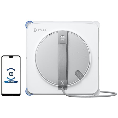 Biały robot do mycia okien z okrągłym elementem na środku, z logo "ECOVACS" w lewym górnym rogu. Obok znajduje się smartfon z aplikacją, na której widnieje logo "ECOVACS" i napis "HOME".