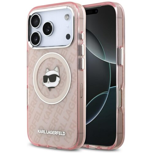 Różowe etui na telefon z przezroczystymi elementami, ozdobione grafiką kota w okularach przeciwsłonecznych oraz napisem "KARL LAGERFELD". W tle widoczny jest telefon z trzema obiektywami aparatu.