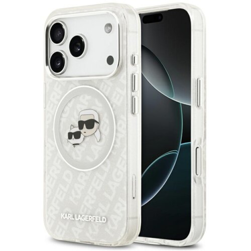 Przezroczyste etui na telefon z nadrukiem postaci w okularach przeciwsłonecznych oraz napisem "KARL LAGERFELD" na dole. Etui posiada wycięcia na aparat i przyciski, a w tle widoczny jest ekran telefonu.