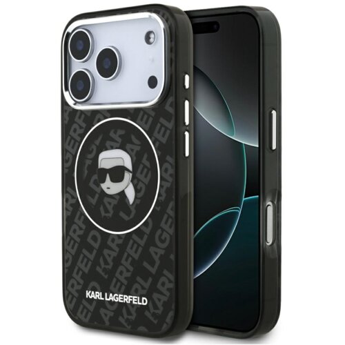 Czarne etui na telefon z logo KARL LAGERFELD, ozdobione wzorem z powtarzającym się napisem "KARL LAGERFELD" oraz grafiką głowy w okularach przeciwsłonecznych. Etui jest dopasowane do modelu telefonu z trzema obiektywami aparatu.