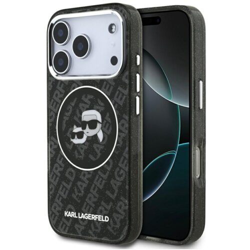 Czarne etui na telefon z logo "KARL LAGERFELD" i wzorem przedstawiającym dwie postacie w okularach przeciwsłonecznych. Etui ma błyszczące wykończenie i jest przeznaczone do modelu Apple iPhone 17 Pro.