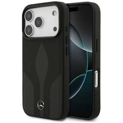Czarne etui na telefon z logo Mercedesa na dole, z trzema dużymi otworami na aparaty oraz przyciskami po bokach. Obok etui widoczny jest telefon z wyświetlaczem pokazującym abstrakcyjny wzór w ciemnych kolorach.