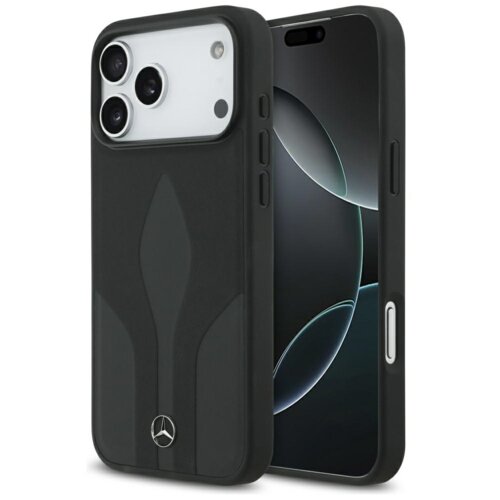 Czarne etui na telefon z logo Mercedesa na dole, widoczne z przodu i z tyłu, z trzema otworami na aparaty oraz przyciskami bocznymi. Na ekranie telefonu widać abstrakcyjny wzór z ciemnymi okręgami.