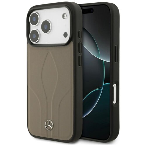 Etui do telefonu w kolorze taupe z widocznym logo Mercedes, posiada eleganckie tłoczenia i jest dopasowane do modelu iPhone. Obok etui widoczny jest telefon z wyświetlaczem pokazującym abstrakcyjny wzór.