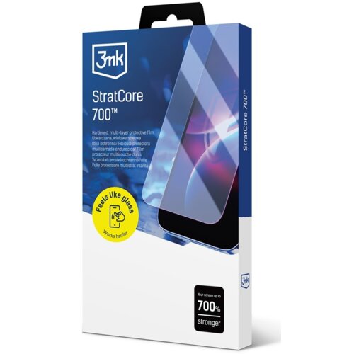 Opakowanie produktu "Folia ochronna 3MK StratCore 700 do Apple iPhone 14" z widocznym logo 3mk oraz grafiką przedstawiającą telefon z nałożoną folią. Na opakowaniu znajdują się napisy: "StratCore 700™", "Feels like glass", "Works harder", oraz "Your scree
