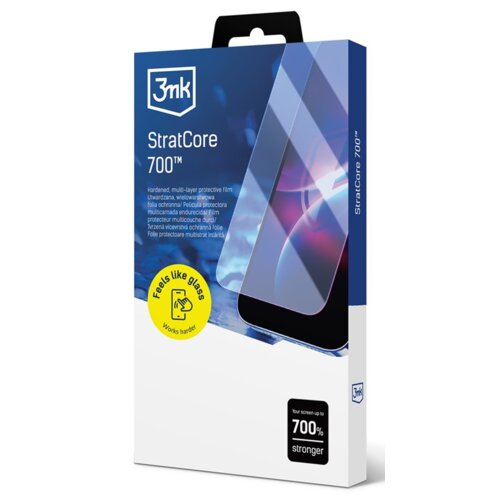 Opakowanie produktu "Folia ochronna 3MK StratCore700" do telefonu Motorola Edge 50 Neo, z widocznym logo 3mk oraz napisem "StratCore 700™". Na opakowaniu znajduje się również żółty okrąg z napisem "Feels like glass" i "Works harder", a na dole informacja 