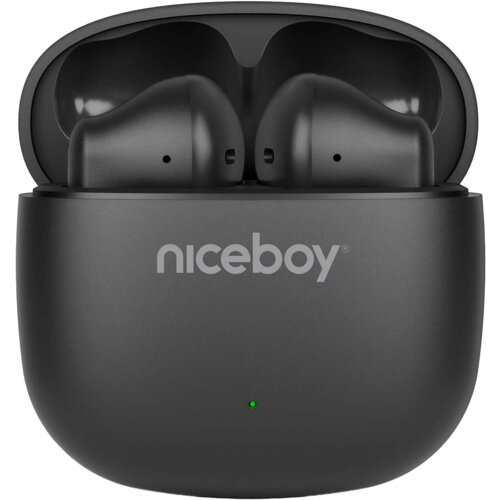 Czarne słuchawki douszne umieszczone w otwartym etui ładującym z widocznym logo "niceboy" oraz małą zieloną diodą na obudowie.
