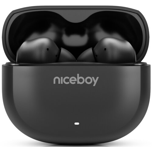 Czarne słuchawki dokanałowe umieszczone w otwartym etui ładującym, na którym widnieje logo "niceboy". Etui ma gładką powierzchnię i mały wskaźnik LED na froncie.