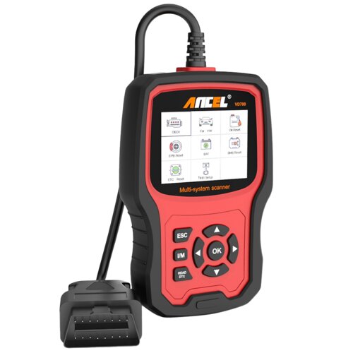 Czerwono-czarny skaner diagnostyczny z wyświetlaczem, na którym widoczne są ikony i napisy takie jak "OBDII", "For VW", "Oil Reset", "EPB Reset", "BAT", "SRS Reset", "ETC Reset", "Tool Setup". Na obudowie znajduje się logo "ANCEL" oraz oznaczenie modelu "