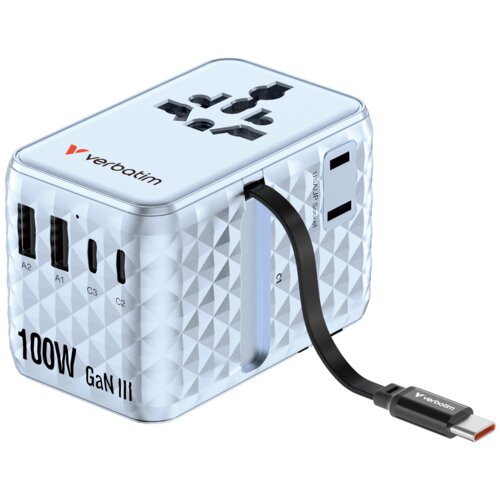 Niebieski adapter podróżny z logo "verbatim" na górze, posiada różne gniazda i porty oznaczone jako A1, A2, C2, C3 oraz napis "100W GaN III". Z boku widoczny jest wbudowany kabel z końcówką USB-C oraz gniazdo oznaczone jako "US/AU/JP Socket".