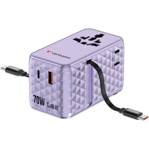 Fioletowy adapter podróżny z logo "Verbatim" na górze, posiadający różne gniazda i porty, w tym oznaczone jako C3 i A1, oraz napis "70W GaN III" na boku. Adapter ma teksturowaną powierzchnię i wbudowany kabel z końcówką USB-C.