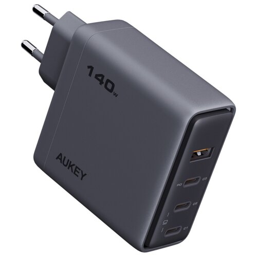 Szara ładowarka sieciowa z logo "AUKEY" i oznaczeniem mocy "140W" posiada trzy porty USB-C oznaczone jako "PD", "C3", "C2" oraz jeden port USB-A.