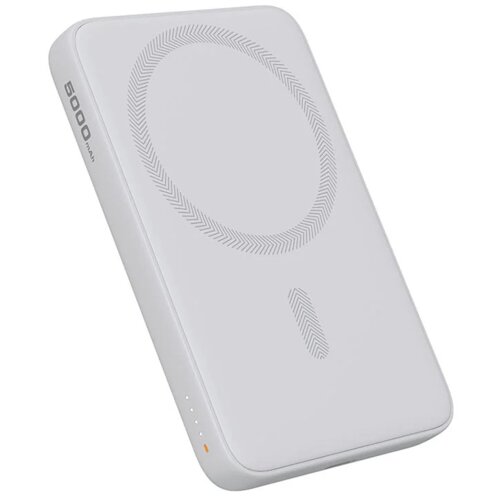 Szary powerbank o pojemności 5000 mAh z widocznym wzorem okręgu i kreski na powierzchni, posiadający diody sygnalizacyjne oraz napis "5000 mAh" na boku. Produkt ma zaokrąglone krawędzie i minimalistyczny design.