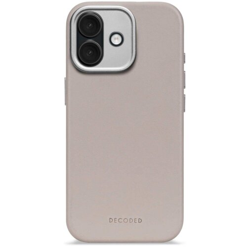 Beżowe etui skórzane z napisem "DECODED" na dole, zaprojektowane dla Apple iPhone 17, z wycięciem na podwójny aparat i lampę błyskową.