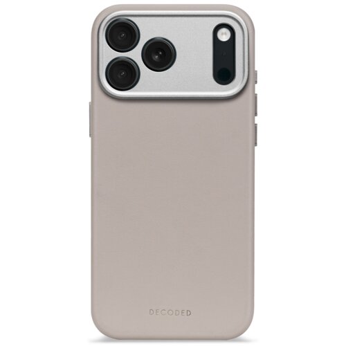 Beżowe etui na telefon z trzema okrągłymi wycięciami na aparaty i jednym na lampę błyskową, z widocznym napisem "DECODED" na dole. Produkt wykonany z gładkiego materiału, z wyraźnie zaznaczonymi przyciskami bocznymi.