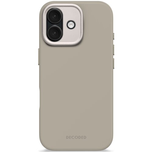 Szare etui silikonowe z napisem "DECODED" na dole, zaprojektowane dla Apple iPhone 17, z wycięciem na aparat i przyciski boczne.