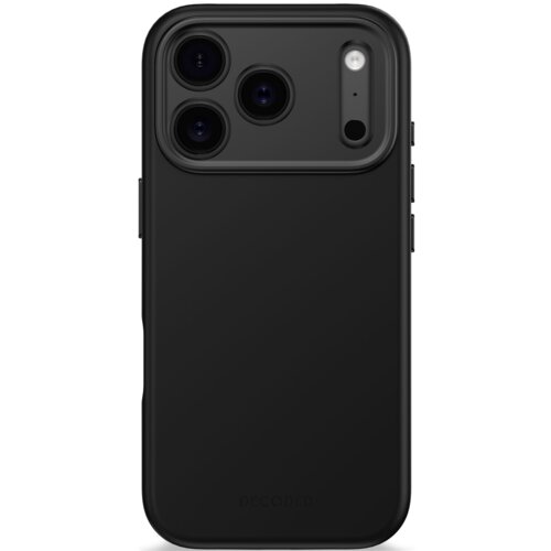Czarne etui na telefon z trzema otworami na aparaty i dodatkowymi otworami na lampę błyskową oraz mikrofon. Na dole etui widoczny jest napis "DECODED".