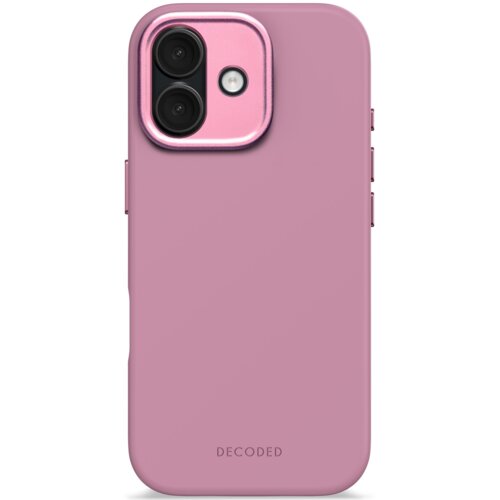 Różowe etui na telefon z napisem "DECODED" na dole, posiada wycięcie na aparat z metalicznym obramowaniem. Etui jest wykonane z gładkiego materiału i ma zaokrąglone krawędzie.