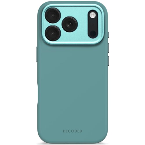 Niebieskie etui na telefon z trzema okrągłymi otworami na aparaty i jednym podłużnym na lampę błyskową, z widocznym napisem "DECODED" na dole. Produkt wykonany z silikonu, kompatybilny z MagSafe.