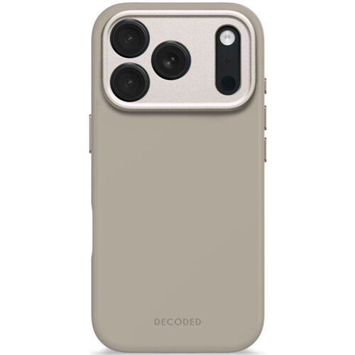 Szare etui na telefon z trzema okrągłymi otworami na aparaty i jednym podłużnym na lampę błyskową, z widocznym napisem "DECODED" na dole. Etui ma gładką powierzchnię i zaokrąglone krawędzie.