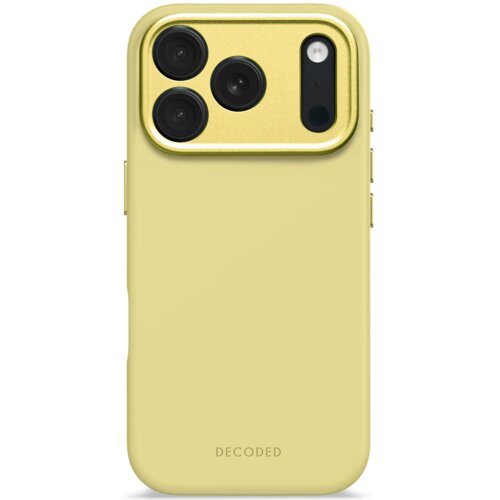 Żółte etui na telefon z trzema okrągłymi otworami na aparaty i jednym podłużnym na lampę błyskową, z widocznym napisem "DECODED" na dole. Produkt wykonany z silikonu, kompatybilny z MagSafe.