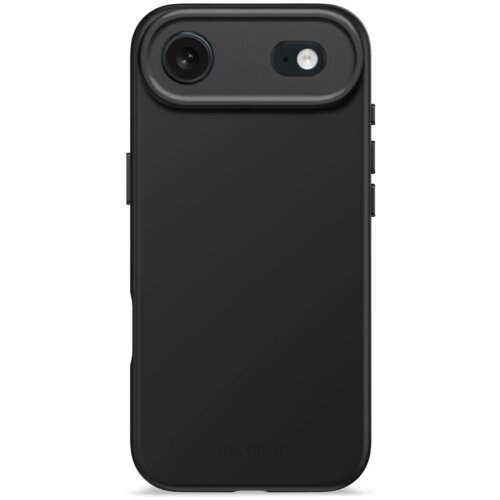 Czarne etui na telefon z wycięciem na aparat i przyciski boczne, z widocznym napisem "DECODED" na dole. Produkt wykonany z antybakteryjnego silikonu, kompatybilny z MagSafe.