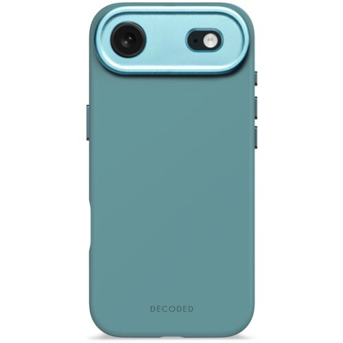 Niebieskie etui na telefon z wycięciem na aparat i napisem "DECODED" na dole. Etui ma gładką powierzchnię i jest wykonane z silikonu.