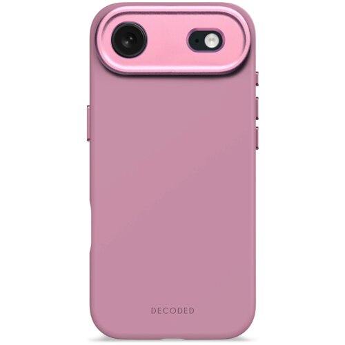 Różowe etui silikonowe z wycięciem na aparat i logo "DECODED" na dole. Etui jest przeznaczone do telefonu Apple iPhone i posiada funkcję MagSafe.