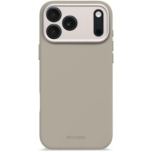Szare etui na telefon z trzema okrągłymi otworami na aparaty i jednym podłużnym na lampę błyskową, wykonane z silikonu. Na dole widoczny jest napis "DECODED".