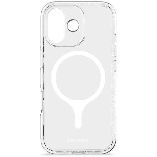 Przezroczyste etui na telefon z wycięciem na aparat i okrągłym wzorem na środku, z napisem "DECODED" u dołu. Produkt jest przeznaczony do modelu Apple iPhone 17.