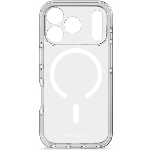 Przezroczyste etui na telefon z trzema okrągłymi otworami na aparaty i jednym podłużnym otworem, z widocznym białym wzorem w kształcie okręgu i pionowej kreski. Na dole etui znajduje się napis "DECODED".