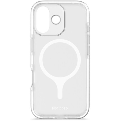Przezroczyste etui na telefon z białym okręgiem i napisem "DECODED" u dołu. Etui ma wycięcia na aparat i przyciski.