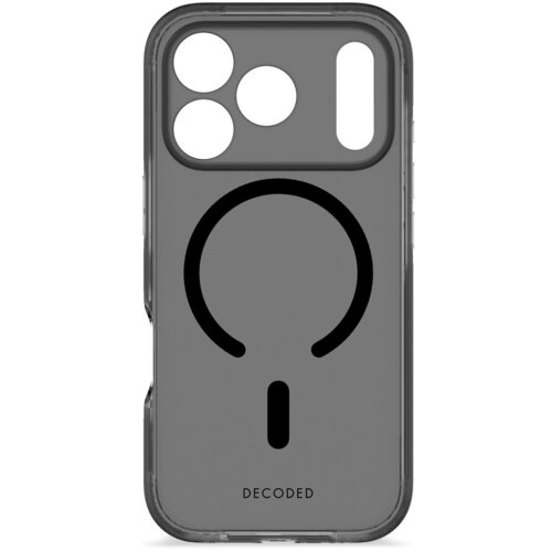 Przezroczyste etui na telefon z czarnym wzorem w kształcie okręgu i pionowej kreski, z wycięciami na aparat i logo "DECODED" u dołu.