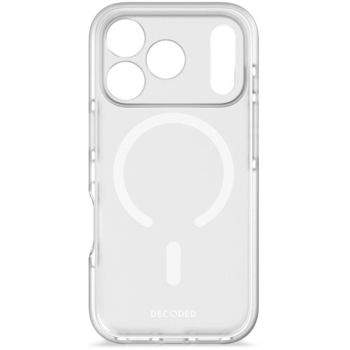 Przezroczyste etui na telefon z białymi akcentami, posiada wycięcia na aparat i przyciski oraz widoczne logo "DECODED" na dole. Na środku znajduje się okrągły wzór sugerujący kompatybilność z MagSafe.