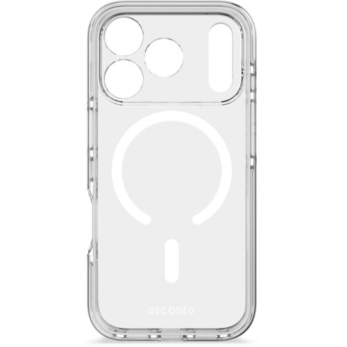 Przezroczyste etui na telefon z trzema okrągłymi otworami na aparaty i jednym podłużnym otworem na lampę, z widocznym białym wzorem MagSafe. Na dole etui znajduje się napis "DECODED".