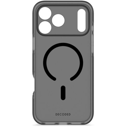 Przezroczyste etui na telefon z czarnym, okrągłym wzorem i otworami na aparat oraz logo "DECODED" na dole. Produkt jest przeznaczony do modelu Apple iPhone 17 Pro Max.