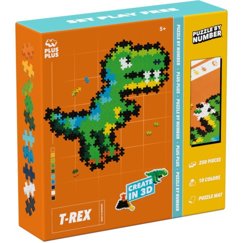 Pomarańczowe opakowanie klocków plastikowych PLUS-PLUS z grafiką przedstawiającą dinozaura T-rex złożonego z kolorowych elementów. Na opakowaniu widnieją napisy: "PLUS PLUS", "T-REX", "CREATE IN 3D", "PUZZLE BY NUMBER", oraz informacje o zawartości: "250 