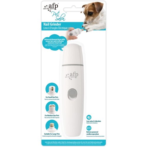 Opakowanie produktu "Pilnik do pazurów ALL FOR PAWS Pet Salon Nail Grinder" przedstawia urządzenie w kolorze białym z logo "afp all for paws" oraz przyciskiem na środku. Na opakowaniu znajdują się informacje o zastosowaniu dla zwierząt różnych rozmiarów, 