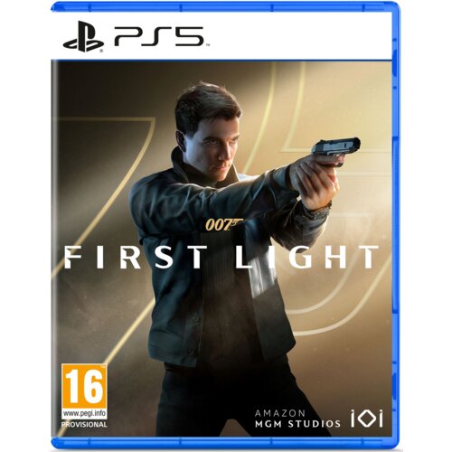 Okładka gry na PS5 zatytułowanej "007 First Light" przedstawia postać trzymającą pistolet, z dużym napisem "FIRST LIGHT" oraz logo "007" na środku. W dolnym rogu widoczne są logotypy "Amazon MGM Studios" oraz "IOI", a także oznaczenie wiekowe "16" z adres
