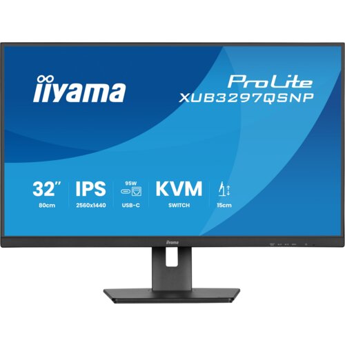 Monitor marki iiyama z widocznym modelem "ProLite XUB3297QSNP" na ekranie, o przekątnej 32 cale, rozdzielczości 2560x1440 pikseli, technologii IPS, z funkcjami USB-C, KVM switch oraz możliwością regulacji wysokości o 15 cm. Na ekranie znajdują się także informacje o mocy 95W.