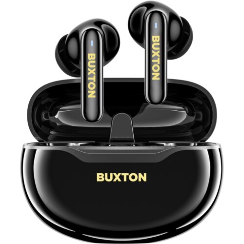 Czarne słuchawki dokanałowe z widocznym napisem "BUXTON" na każdej z nich, umieszczone w otwartym etui ładującym, które również ma napis "BUXTON".