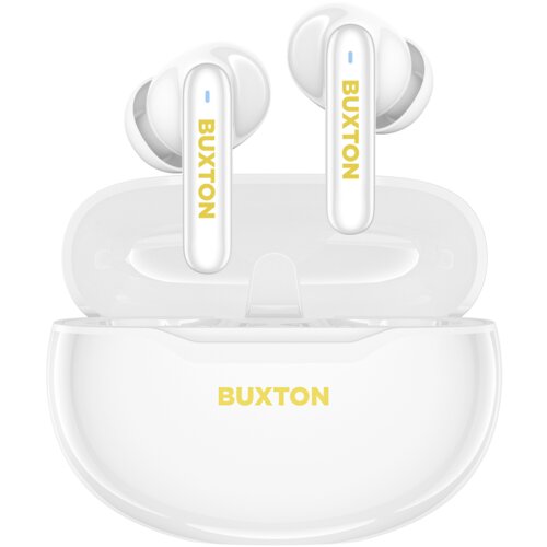 Białe słuchawki dokanałowe z napisem "BUXTON" w kolorze żółtym na etui oraz na każdej słuchawce. Etui jest otwarte, ukazując miejsce na słuchawki.