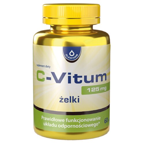 Złote opakowanie suplementu diety z napisem "C-Vitum 125 mg żelki" oraz logo "OLEOFARM" na górze. Na dole etykiety widnieje tekst: "Prawidłowe funkcjonowanie układu odpornościowego" oraz oznaczenie "60 żelek".