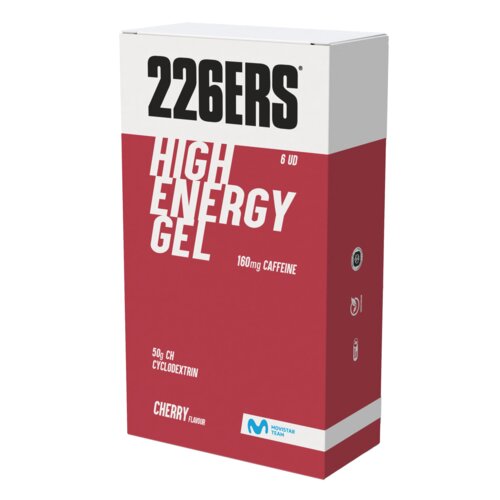 Pudełko produktu z napisem "226ERS HIGH ENERGY GEL" oraz informacjami "6 UD", "160mg CAFFEINE", "50g CH CYCLODEXTRIN", "CHERRY FLAVOUR". Na dole znajduje się logo "MOVISTAR TEAM".