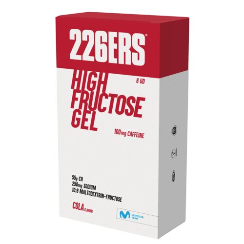 Czerwono-białe opakowanie produktu z napisem "226ERS HIGH FRUCTOSE GEL" oraz informacjami: "6 UD", "100mg CAFFEINE", "55g CH", "250mg SODIUM", "10:8 MALTODEXTRIN-FRUCTOSE", "COLA FLAVOUR". Na dole widoczne jest logo "MOVISTAR TEAM".